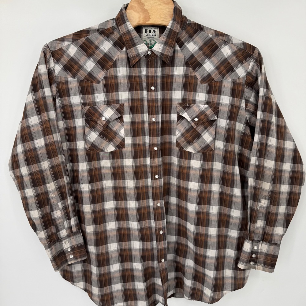 Ely Cattleman Western Shirt Men 2XL Brown Plaid Pearl Snap Classic Embroidery - Picture 2 of 8